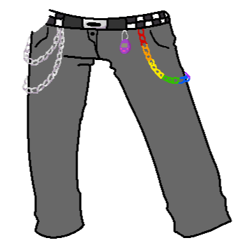 dark gray jeans with a black and white studded belt, silver chains on the left side, and a rainbow chain and a tamagotchi on the right side